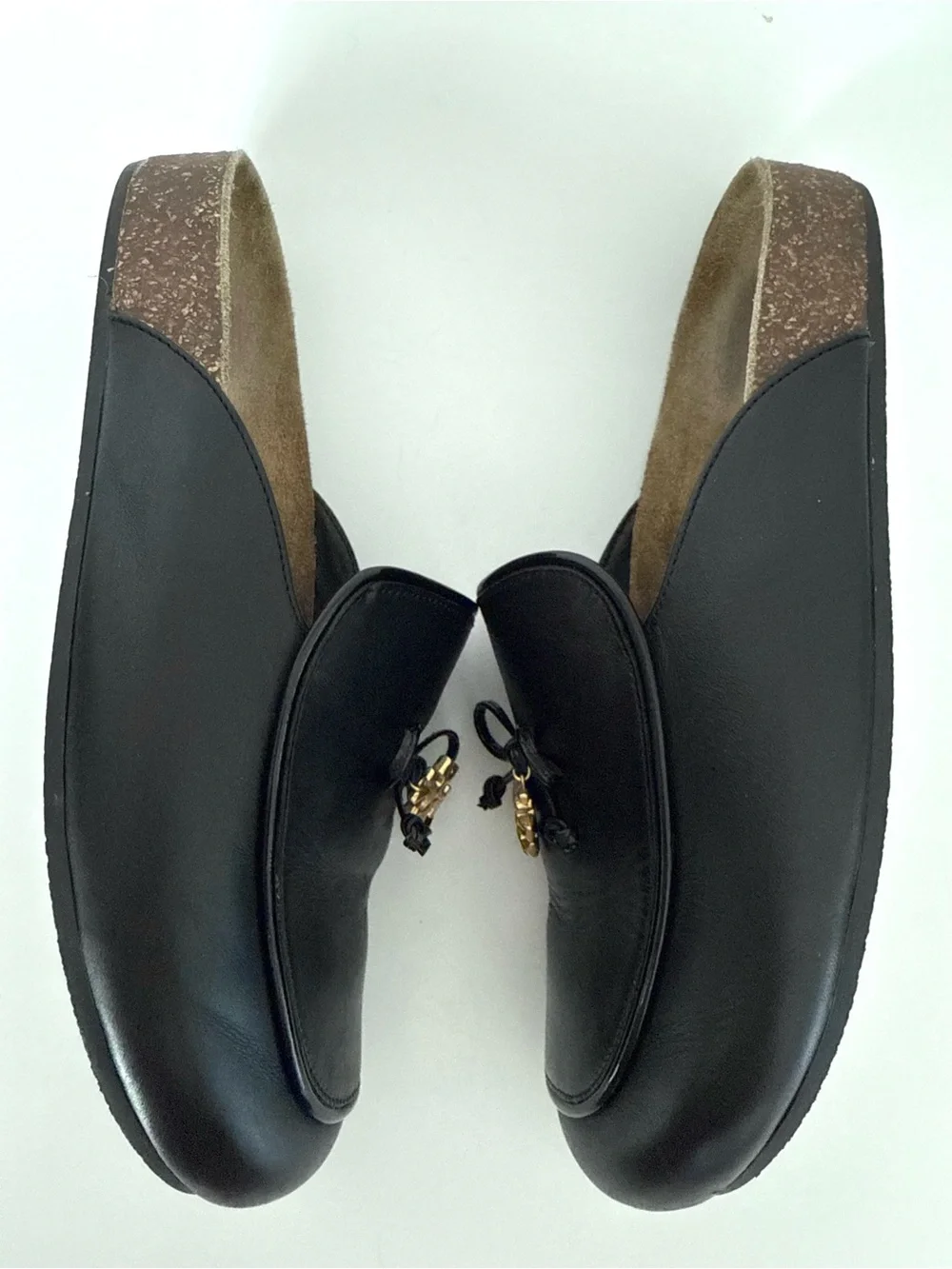EUC Tory Burch Charm Mules Flat Slip-on Black Genuine Leather Natural Cork